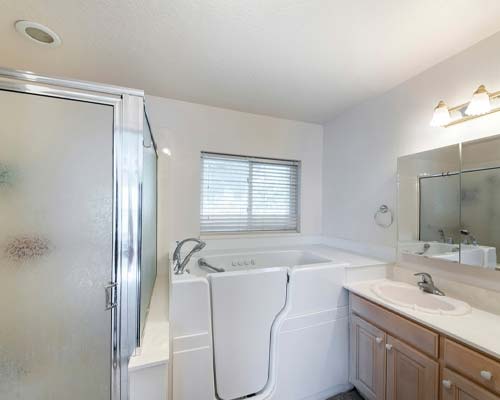 White walk-in bathtub with door in bathroom with glass shower enclosure and oak vanity
